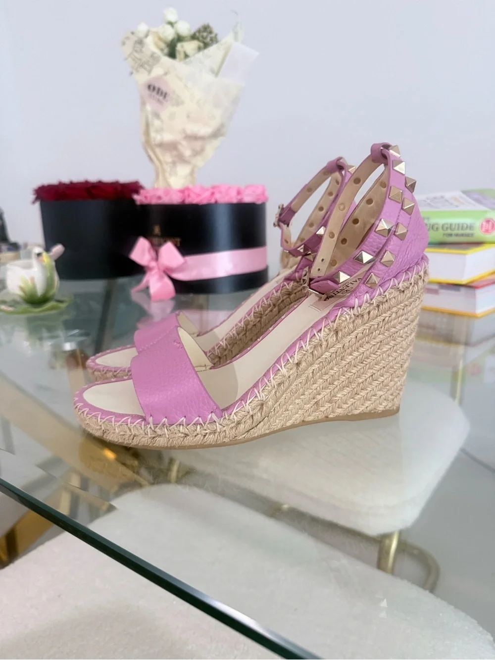 Valentino Garavani Women’s Pink Espadrille Wedge Sandals with Ankle Strap